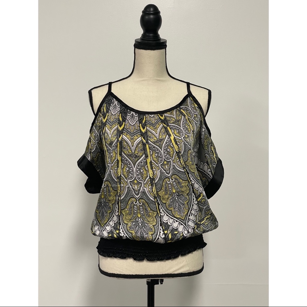BCX Cold Shoulder Blouse Black and Yellow Juniors Size M
